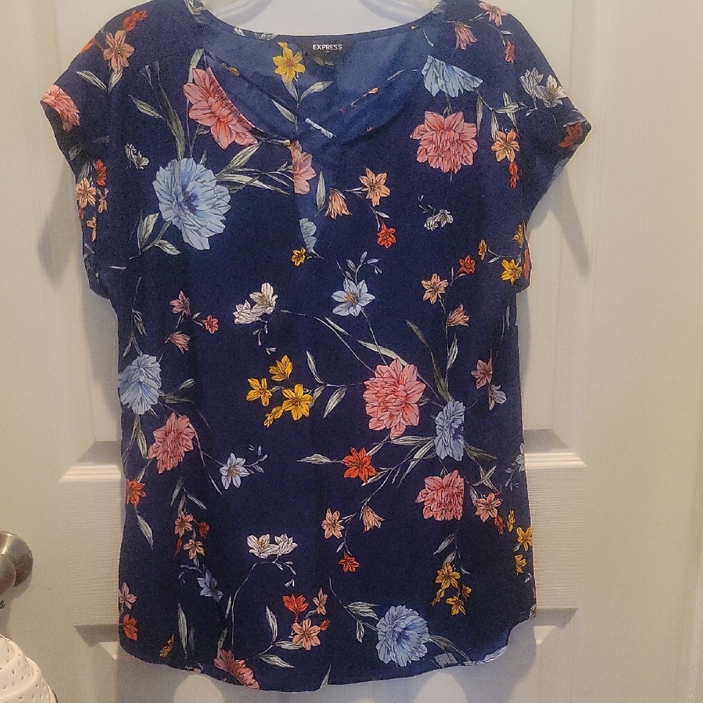 Express Navy Floral Short Sleeve Top with Pink & Blue Blooms